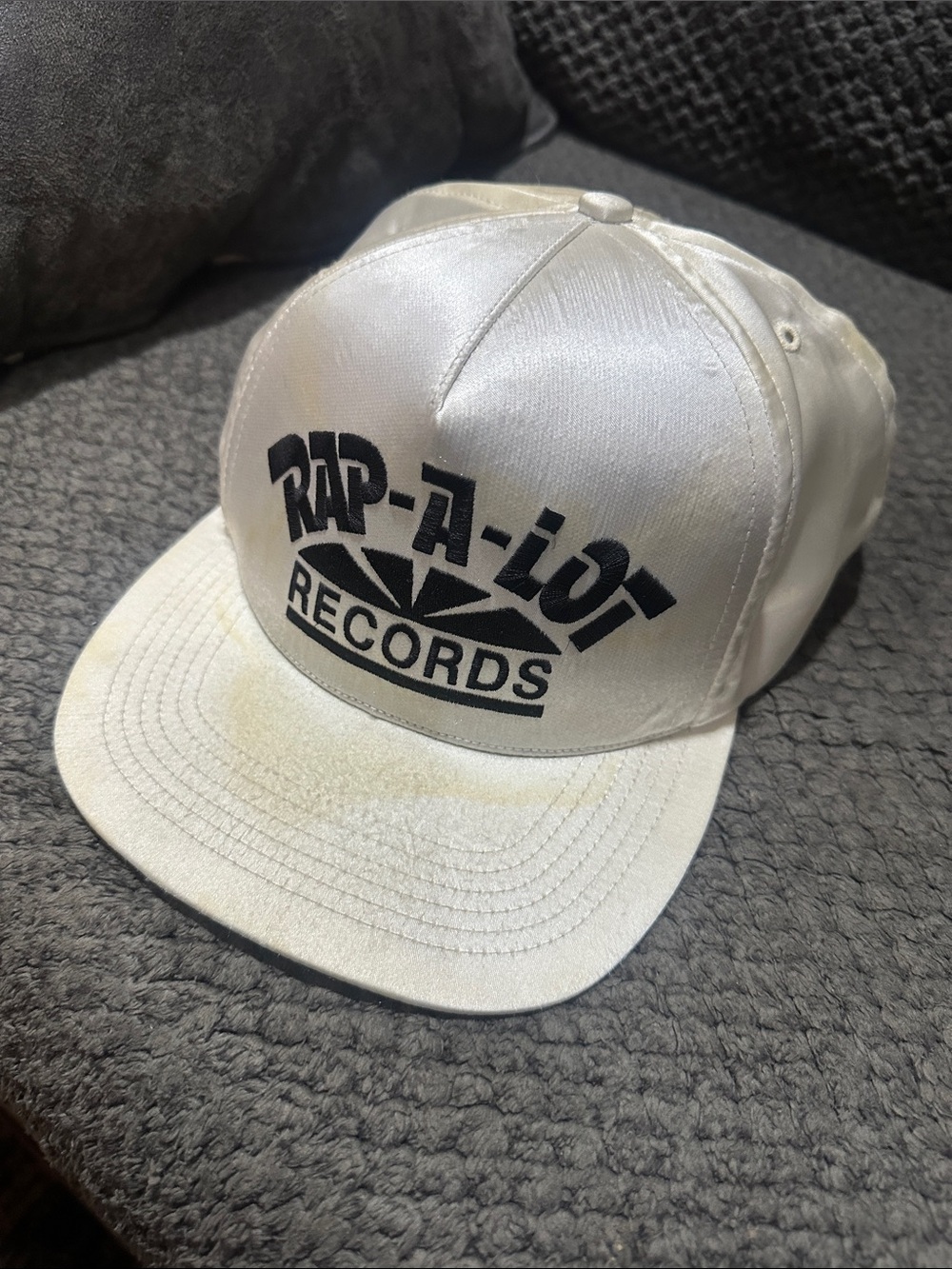 Supreme White Rap-A-Lot Records Logo Satin Snapback Hat used lightly stained